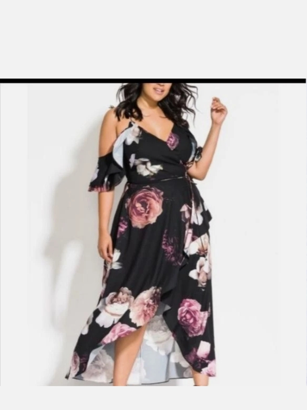 City Chic Floral Cold-Shoulder Wrap Maxi Dress - Black/Pink